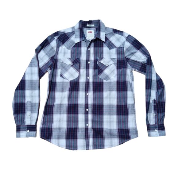 Levi's Blue White Plaid Pearl Snap Long Sleeve Western Cowboy - Picture 1 of 4